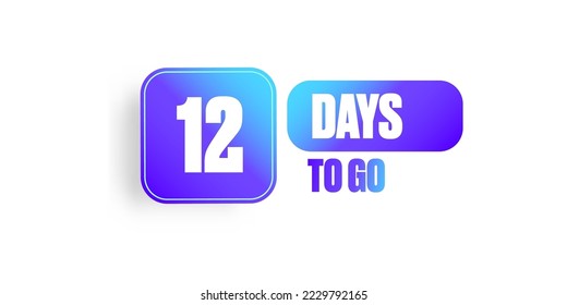 Doce días para hacer cuenta regresiva plantilla de diseño de banner horizontal moderno aislado en fondo blanco. 12 días para ir a la venta anuncio de banner de cristal azul trendy, etiqueta, pegatina, icono, afiche y volante.