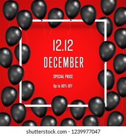 Twelve and twelve in December with shiny Balloons and twelve on white square frame and red background as business , discount , promotion and Sale Poster concept. Vector illustration