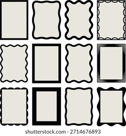 Doze quadros decorativos em preto e bege com bordas variadas