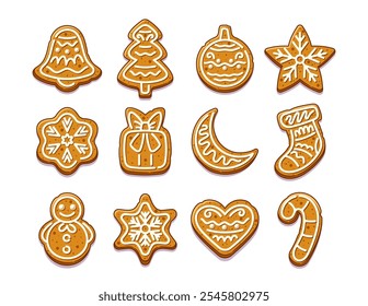 Twelve Delightful Christmas Gingerbread Cookies On White Background Featuring Festive Shapes Like Bell, Tree, Ornament And Star Decorated Perfectly For The Holiday Season Bringing Joy And Sweetness