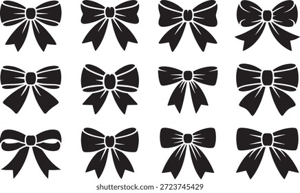Doze diferentes desenhos de arco preto estão dispostos em três linhas em um fundo branco, perfeito para projetos de decoração e design.