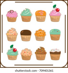 Twelve different cupcakes on white background