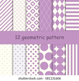 Twelve different geometric seamless lilac patterns. Endless texture for wallpaper, fill, web page background, texture. 