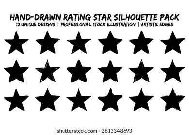 Twelve different handdrawn star silhouettes with artistic edges on transparent background