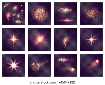 Twelve different light effects on transparent background. Vector illustration of abstract and radiant, wavy and fading shine actions.