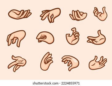 Twelve different poses of cartoon hands. Isolated mascot hand collection for designers