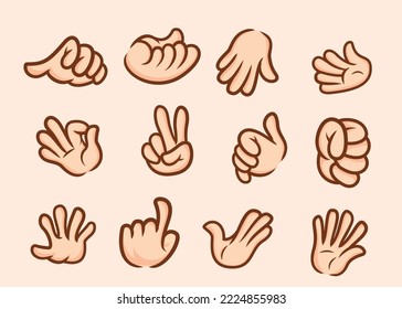 Twelve different poses of cartoon hands. Isolated mascot hand collection for designers