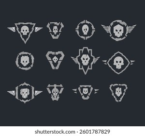 Twelve Different Sci Fi Futuristic Tactical Squad Military Logo Skulls Wings Emblems Badges Triangles Circle Frames Isolated Vector Design