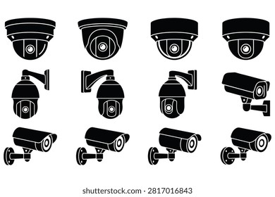 Twelve different surveillance camera icons displayed in black and white silhouette style