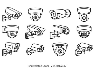 Twelve different types of surveillance cameras shown in line art style on transparent background