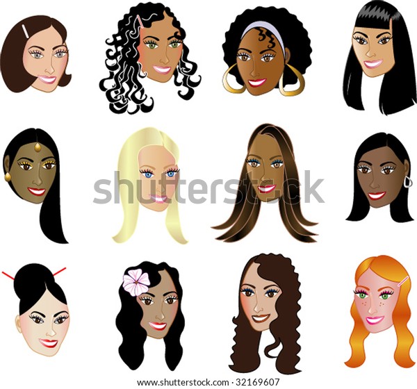 Twelve Different Women Faces Many Races Stock Vector (Royalty Free ...