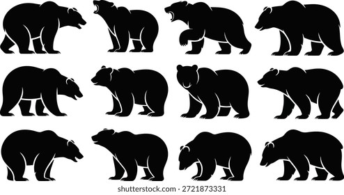 Doce siluetas de oso negro distintas que capturan varias poses naturales, incluyendo caminar, pararse y rugidos agresivos, ideales para temas de vida silvestre.