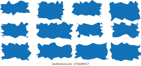Doze formas distintas, em forma de quadrado, de cor azul, com bordas afiadas e quebradas são organizadas precisamente em uma formação de grade em um fundo branco nítido.