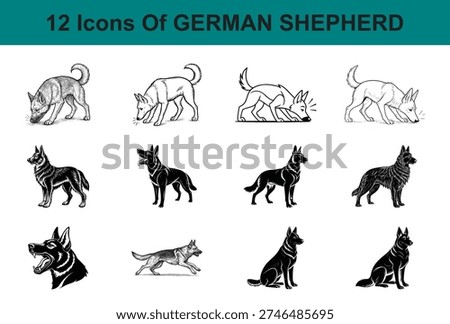 Twelve distinct icons showcasing the elegance and variety of german shepherds in different poses