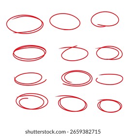 Twelve distinct red marker circles, various sizes, isolated on white
