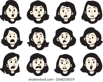 Twelve diverse female cartoon faces expressing various emotions shock, surprise, worry, fear. Ideal for animation, websites, and graphic design projects.