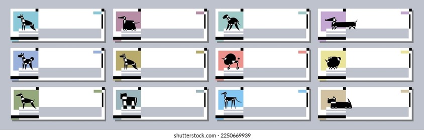 Twelve dog breed silhouettes. Avantgarde graphic style. Web banner template. Vector Illustration on an abstract background. SSTKabstract