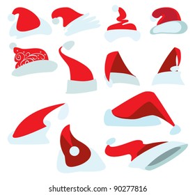 Twelve drawings of red Christmas hats for Santa