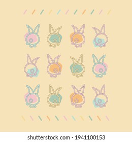 Twelve easter bunnies postcard. 
happy set holiday design, greeting card.