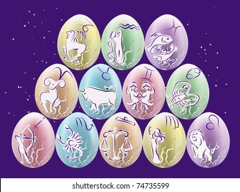 Twelve easter eggs with zodiac signs paintings on them. Vector illustration.