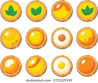 Twelve eggs in different states of cooking, some with green plant designs on the shell, arranged in three rows of four on a white background