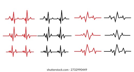 Twelve electrocardiogram heartbeats red and black lines on white heart rate