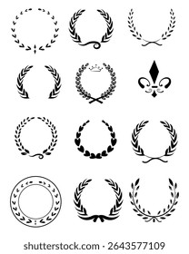 Doze coroas de louro preto elegantes, quadros circulares e coroas