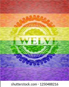 Twelve emblem on mosaic background with the colors of the LGBT flag