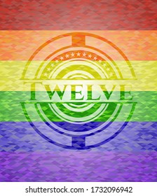 Twelve emblem on mosaic background with the colors of the LGBT flag. 