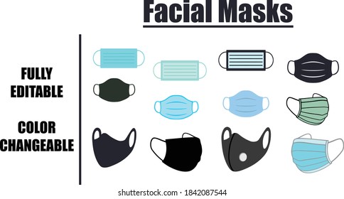 Twelve Facial Masks Set Vector Design. White, Blue, Green Medical or Surgical Face Mask. Virus Protection. Breathing Respirator Mask. This is fully editable.