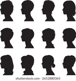 Twelve female silhouettes profile views diverse hairstyles