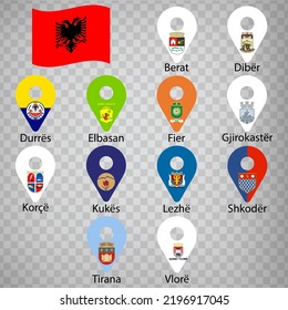 Twelve  flags the Regions of Albania -  alphabetical order with name.  Set of 2d geolocation signs like flagsAlbania . Twelve  2d geolocation signs for your design. EPS10