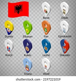 Twelve  flags the Regions of Albania -  alphabetical order with name.  Set of 3d geolocation signs like flagsAlbania . Twelve  3d geolocation signs for your design. EPS10