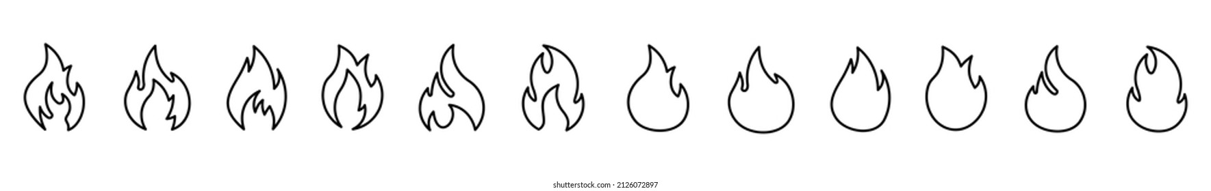 twelve flame of various shapes bonfire vector illustration background white,fire flat line icons set 