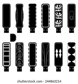 Twelve flash drives silhouette set