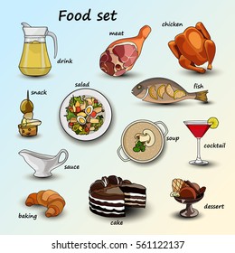 twelve food icons, food set : drink, cocktail, sauce, meat, chicken, fish, salad, soup, cake, snack, baking, dessert, background