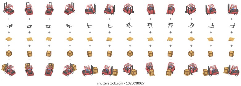 Twelve forklifts with boxes in isometric. Different objects for editing.