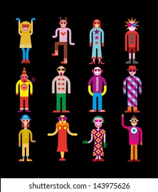 Twelve funny characters wearing sunglasses - vector illustration on black background.