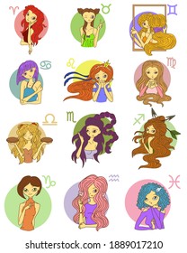 Twelve girls characters symbolizing zodiac signs, vector abstract emotional characters