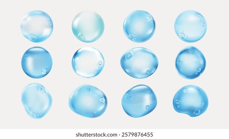 Twelve glossy blue water droplets on a white background. Each droplet is unique, showcasing glossy textures. Blue droplets create a refreshing, glossy effect. Soap bubble element vector set.