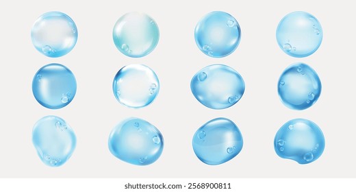 Twelve glossy, transparent blue bubbles on a white background. Bubbles vary in size and shape, creating a playful and dynamic visual effect with blue bubbles. Soap bubble element vector set.