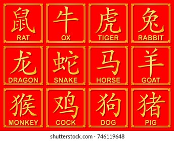Twelve Golden Chinese word symbol of Zodiac calendar for vector graphic design concept
