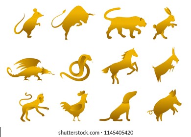 twelve golden chinese year lunar zodiac horoscope symbols. Zodiac china gold set. Silhouette animal vector illustration. Sparking golden sign isolated on white background