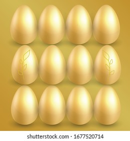 Twelve golden easter eggs on a gold background. Vector illustration. EPS 10.