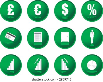 Twelve green illustrated buttons with financial information on them