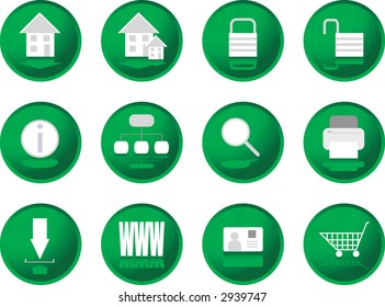 Doce botones verdes ilustrados con iconos web sobre ellos