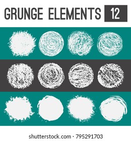 Twelve grunge textures: scribble, oil pastel, chalk and ink. Grime, dirty, sloppy, vector graphic elements. 