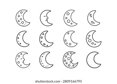 Twelve hand drawn crescent moon icons featuring varied crater textures and sleeping faces arranged in a neat grid pattern design
