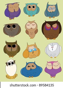 Twelve hand drawn owls set. Vector image.
