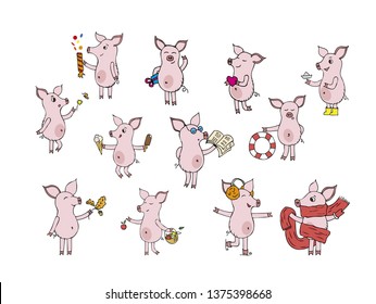 Twelve hand drawn pigs on white background 